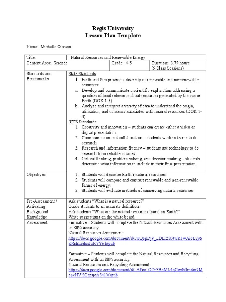 Regis University Lesson Plan Template ErshlodscjuryyeK/Pub Download Free PDF Educational