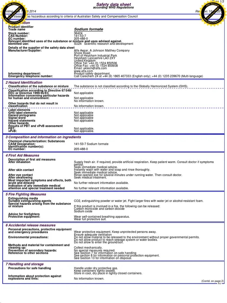Msds Sodium Formate Toxicity Dangerous Goods