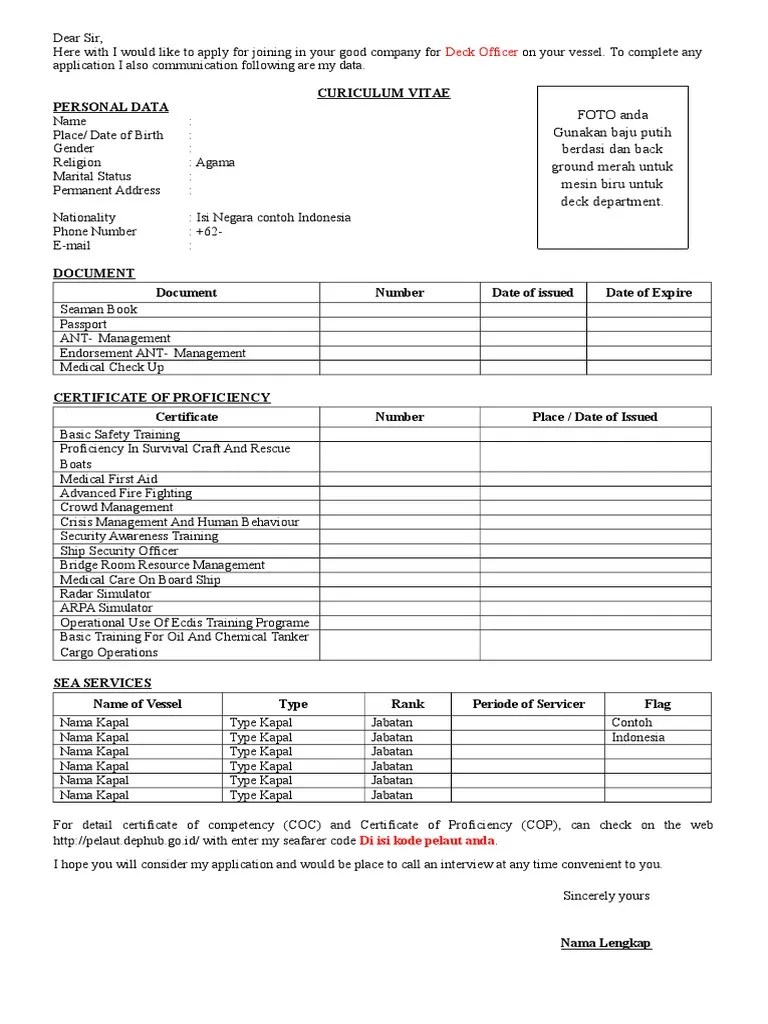 Format CV Pelaut Bahasa Inggris Rapih