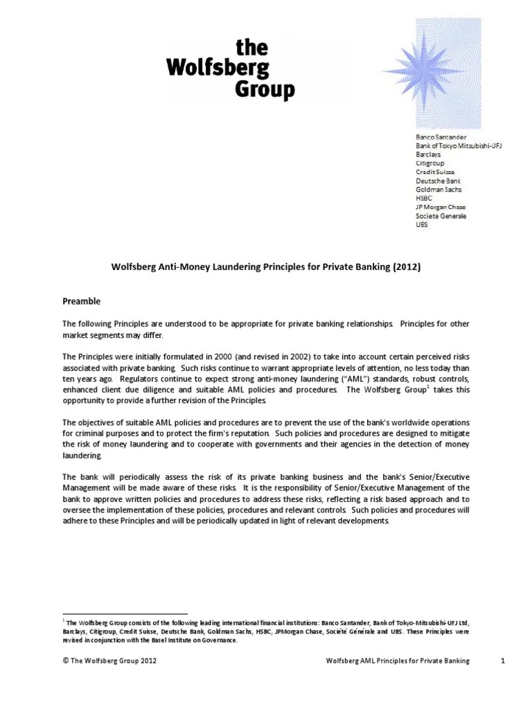 Wolfsberg Private Banking Prinicples May 2012 PDF Money Laundering Ownership