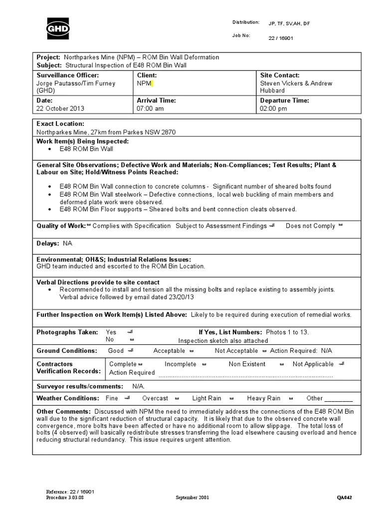 Sample Site Surveillance Report Engineering Civil Engineering