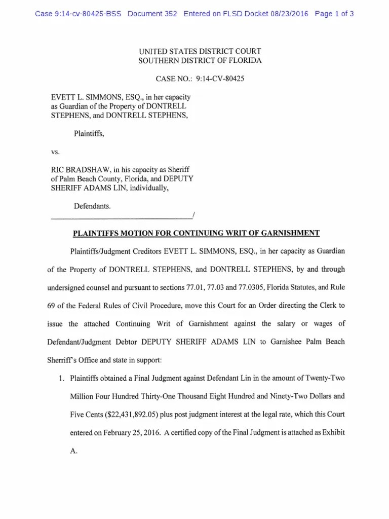 Motion for Writ of Garnishment Garnishment Judgment (Law)