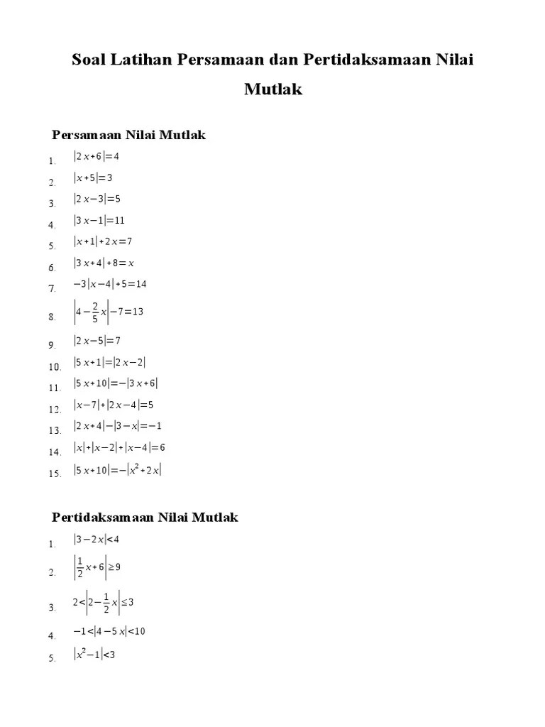Soal Latihan Persamaan Dan Pertidaksamaan Nilai Mutlak | PDF