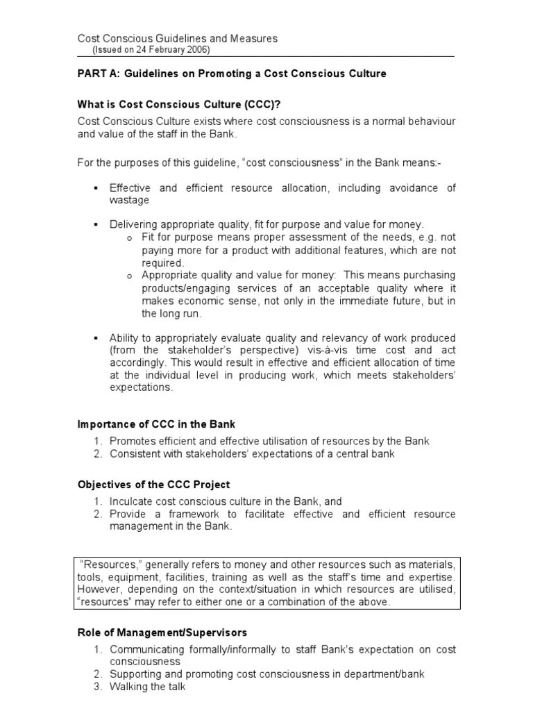 PART A Guidelines On Promoting A Cost Conscious Culture What Is Cost