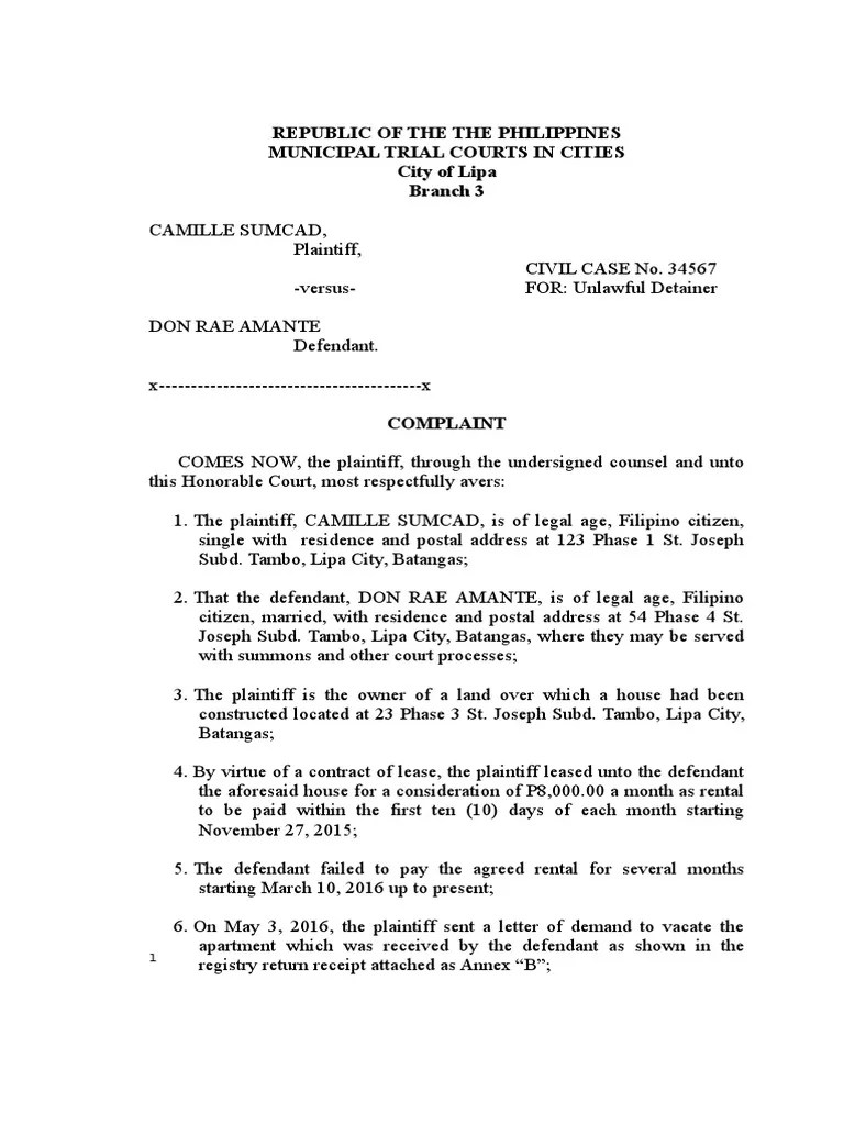 Unlawful Detainer Legal Form PDF Lawsuit Complaint