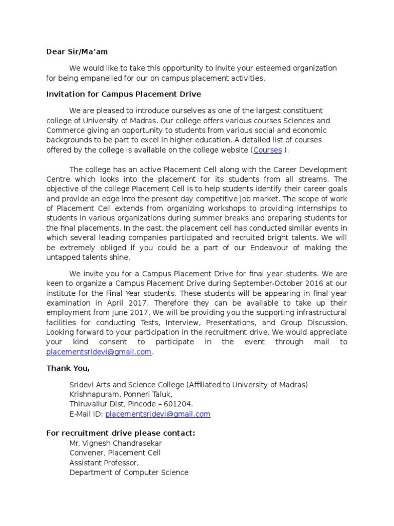 Placement Letter For Invite Campus Drive | PDF | Learning | Labour