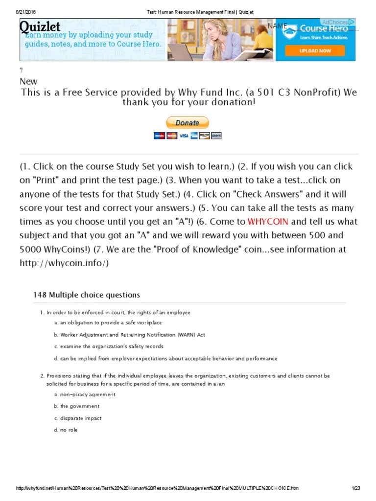 Human Resource Management Final Quizlet PDF Employee Benefits