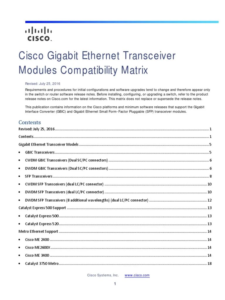 Cisco Gigabit Transceiver Modules Compatibility Matrix PDF