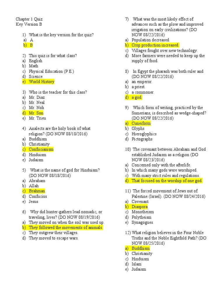 World History Chapter 1 Quiz Correction B PDF Geography Map