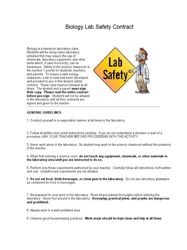 Biology Lab Safety Contract Their Copy. Please Read The Entire