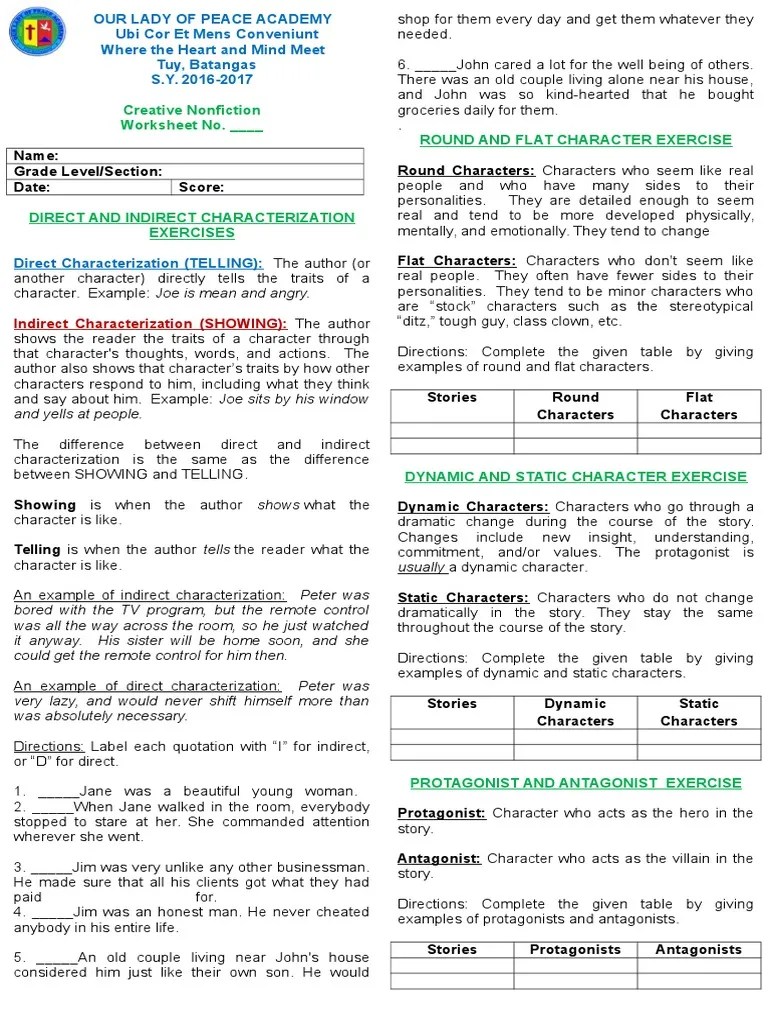 Direct And Indirect Characterization Worksheet Free Download Math