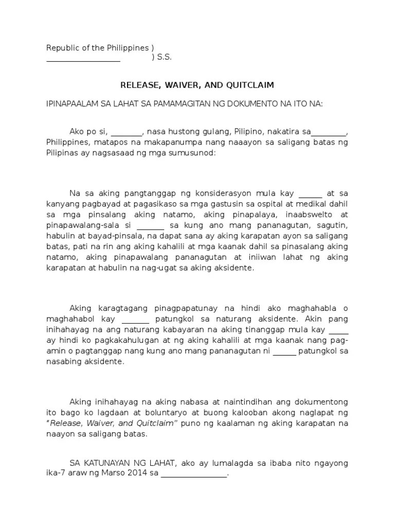 Release Waiver and Quitclaim TAGALOG
