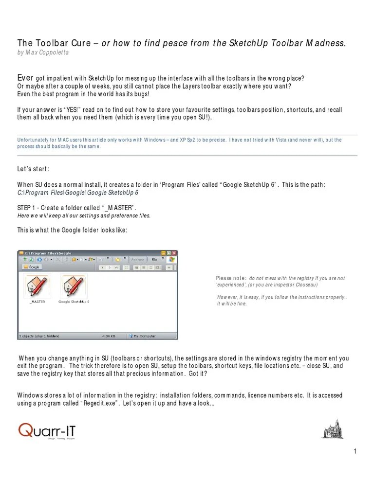 Sketchup Toolbars Settings Windows Registry Microsoft Software