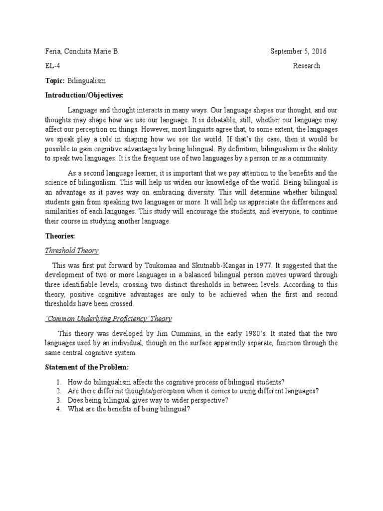 Topic Bilingualism Introduction/Objectives Threshold Theory PDF