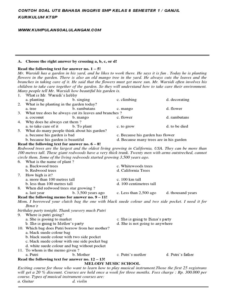 Soal Ulangan Harian Bahasa Inggris Kelas 8 Semester 1 Kurikulum 2013 Bab 1  – Dengan