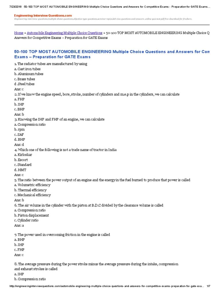 50100 TOP MOST AUTOMOBILE ENGINEERING Multiple Choice Questions and