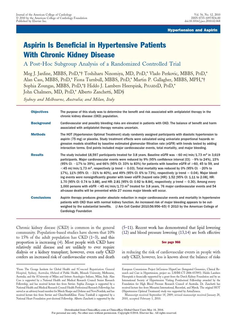 Aspirin Is Beneficial in Hypertensive Patients With Chronic Kidney Disease Renal Function