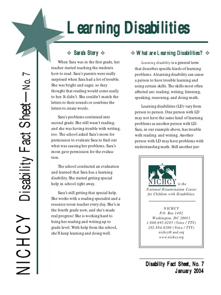 Learning Disabilities Fact Sheet PDF Learning Disability