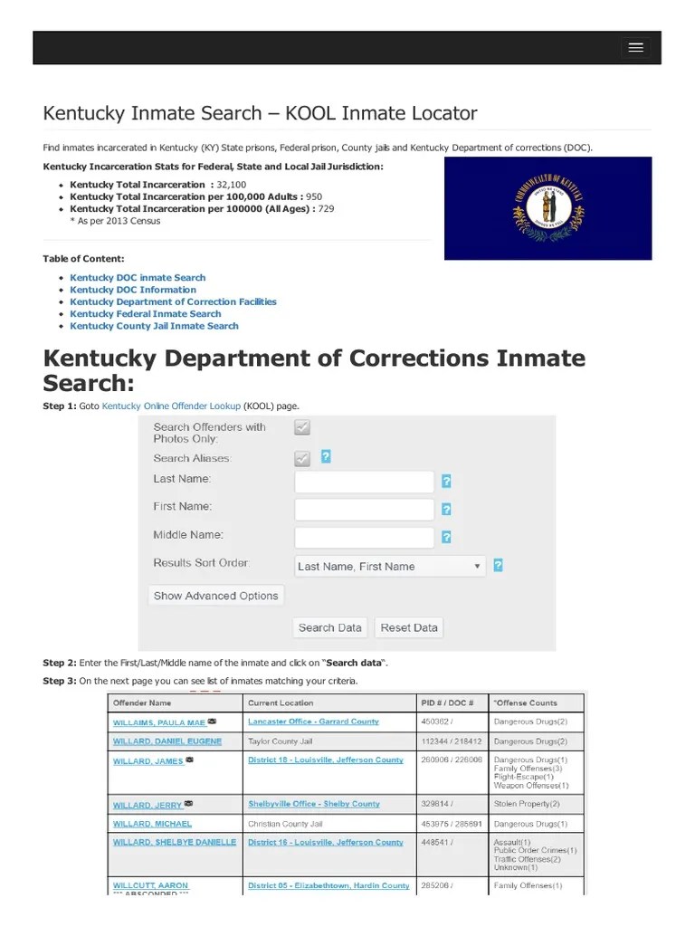 Kentucky Inmate Search Department of Corrections Lookup PDF