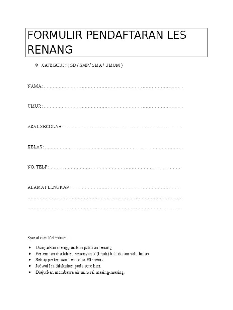 Formulir Pendaftaran Les Renang | PDF