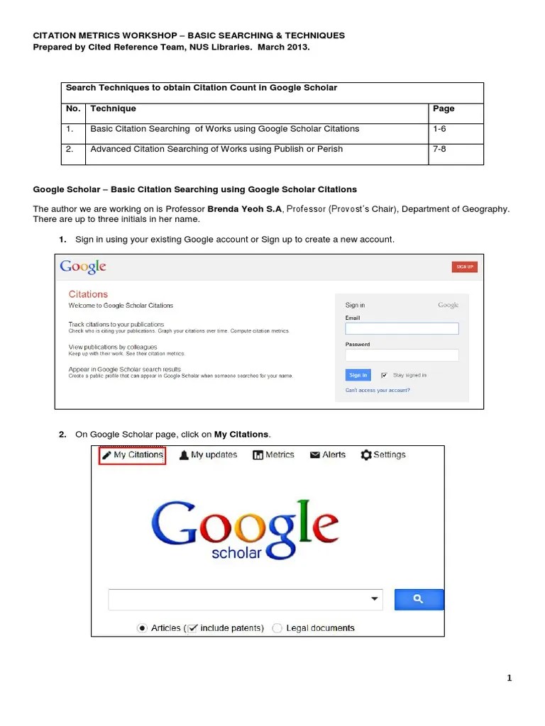 Basic Searching and Techniques for Google Scholar Citation Google