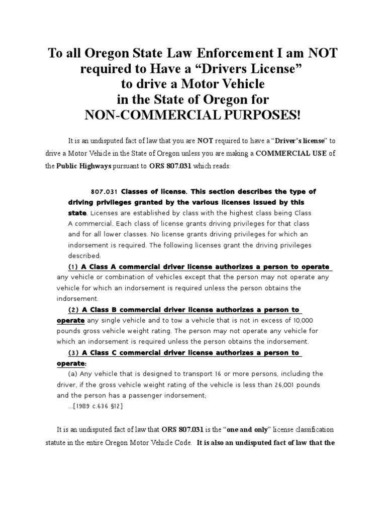 No License Required Oregon Driver's License Public Law