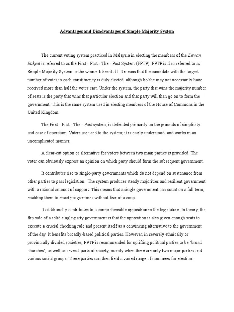 Advantages and Disadvantages of Simple Majority System Voting Elections