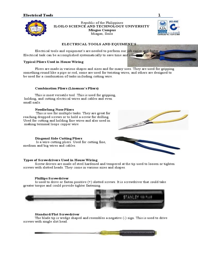 Types and Uses of Electrical Tools and Equipments Voltage Screw