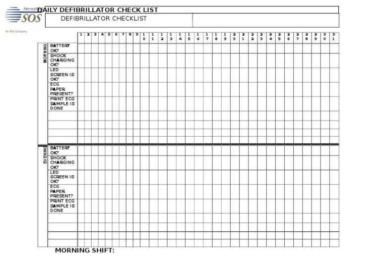 Defibrillator Daily Checklist
