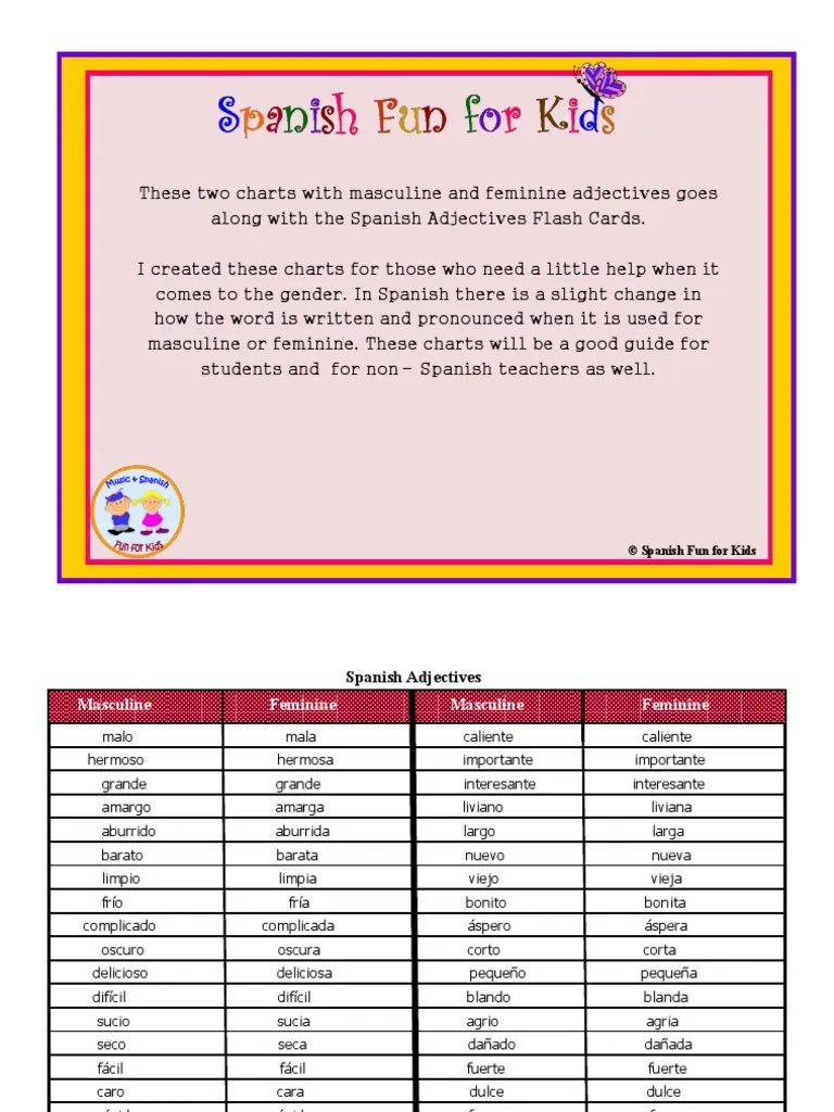 Spanish Adjectives Charts for Masculine and Feminine Rules Grammar