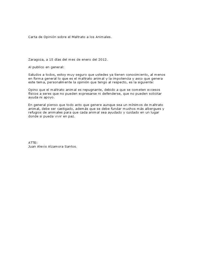 Carta de Opinión Sobre El Maltrato a Los Animales