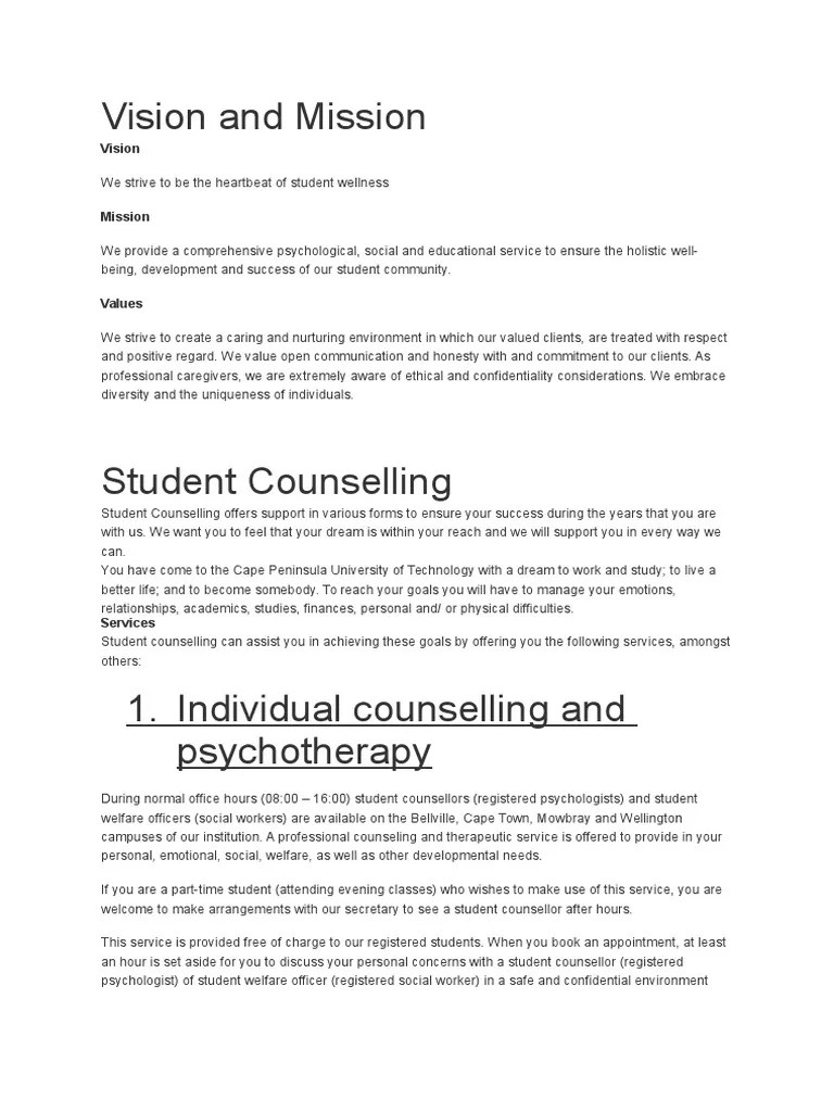 Vision and Mission PDF Psychotherapy Emotions