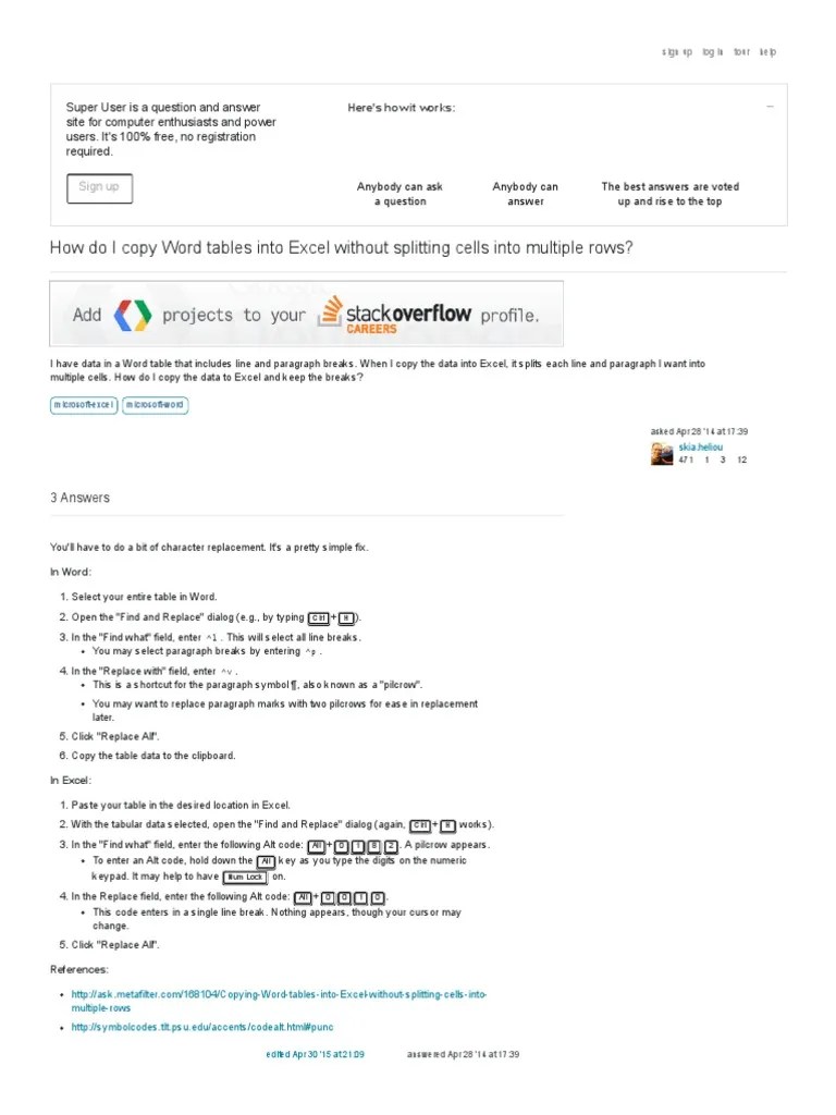 How Do I Copy Word Tables Into Excel Without Splitting Cells Into