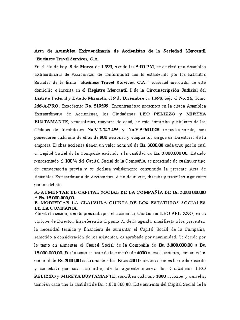 Acta de Asamblea Extraordinaria de Accionistas de La Socieda