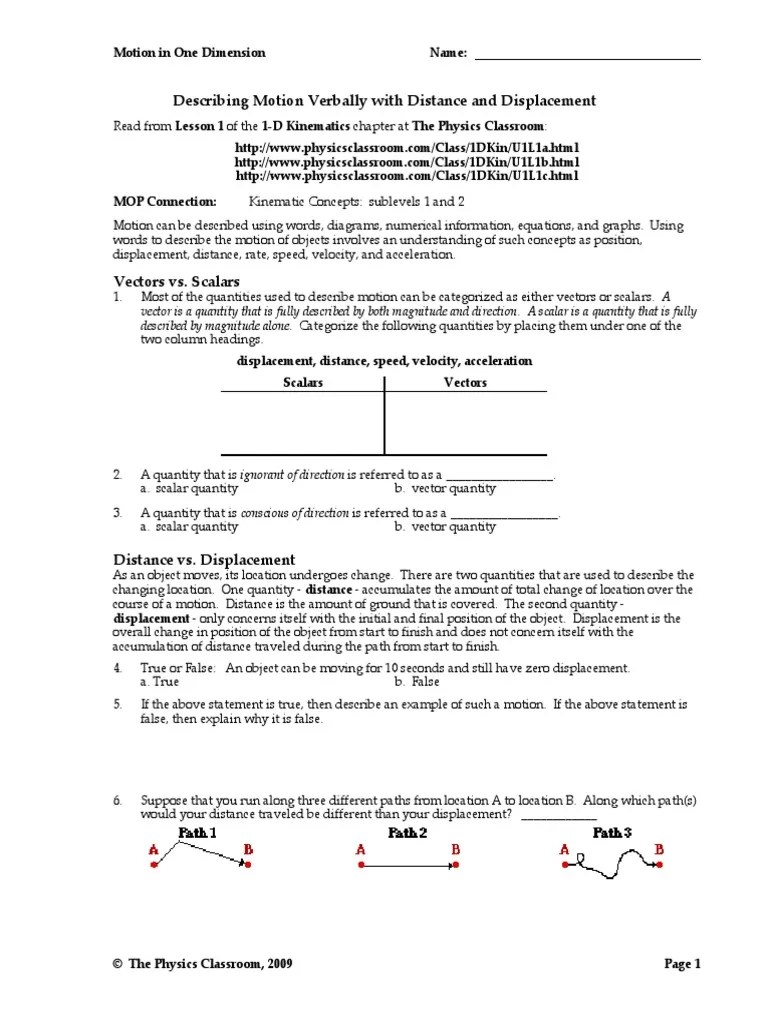 Motion In One Dimension Worksheet Answers Worksheet List