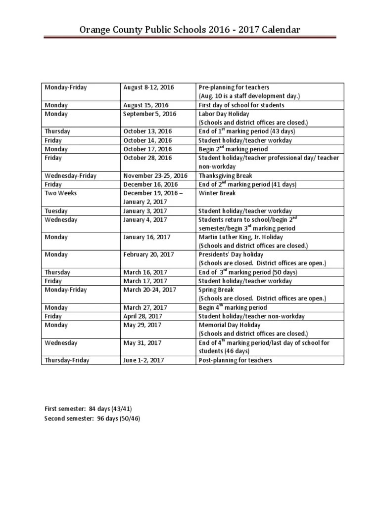 20162017 OCPS School Calendar PDF Academic Term Observances