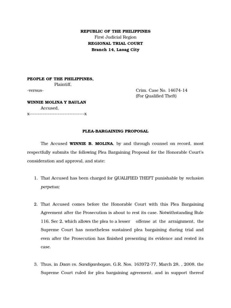 PLEA BARGAIN Sample Plea Plea Bargain