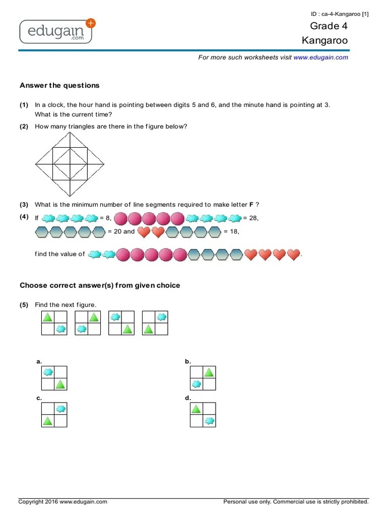 Grade 4 Canadian Math Kangaroo Contest Sample Paper PDF Geometry
