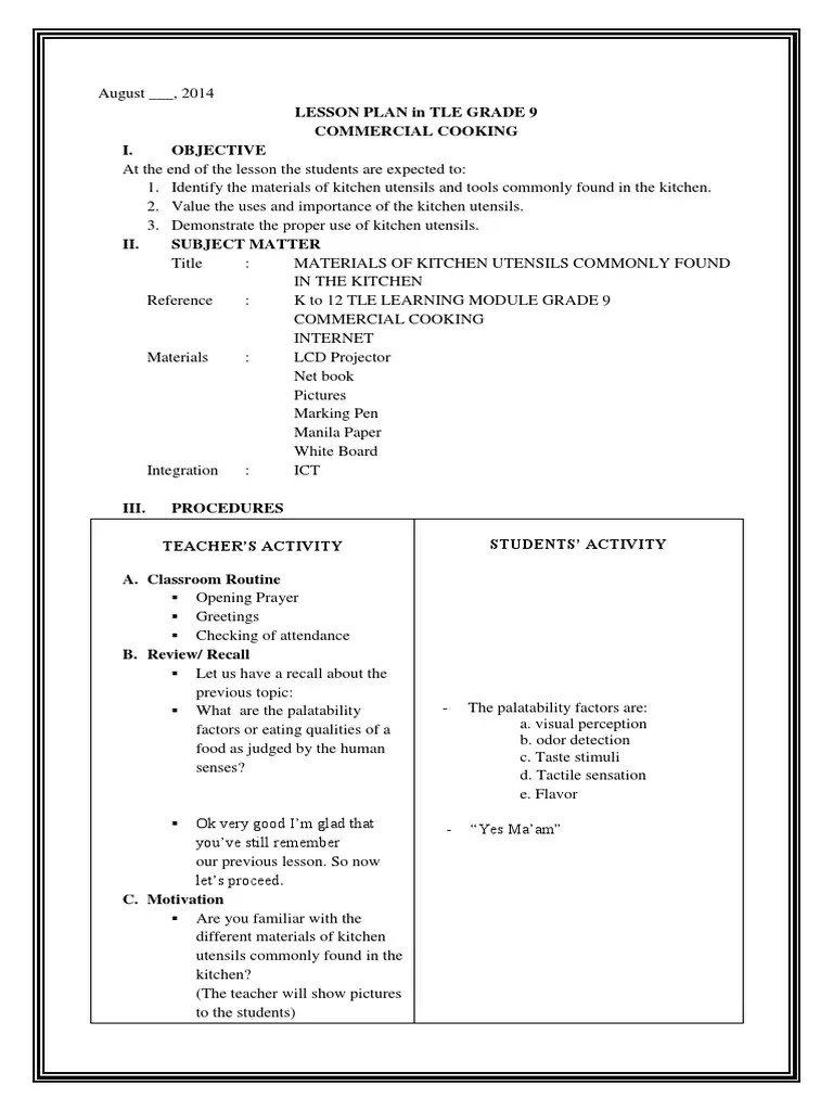 Detailed Lesson Plan in Tle Kitchen Utensils and Equipment Cookware