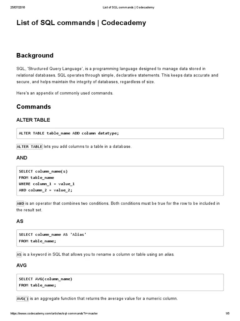 List of SQL Commands Codecademy PDF Table (Database) Sql