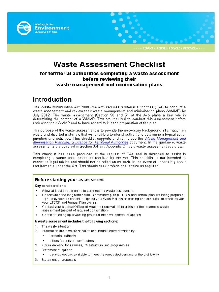 Waste Assessment Checklist Recycling Waste