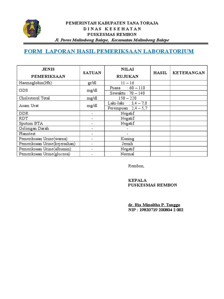 Form Laporan Hasil Pemeriksaan Lab.