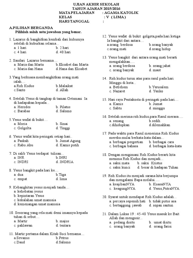 29++ Soal Agama Kristen Kelas 5 Semester 2 Dan Kunci Jawaban 2021 Information | Newssoal