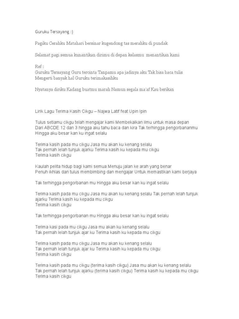 Lirik Lagu Terima Kasih Guruku Dan Not Angka Seputaran Guru