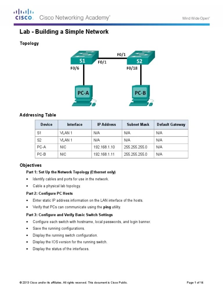 Cisco Lab Building a Simple Network with Answers Ip Address