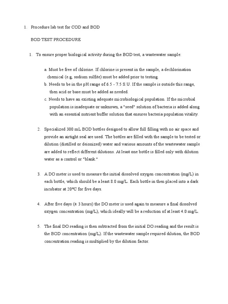 Procedure Lab Test for COD and BOD Wastewater Water Pollution