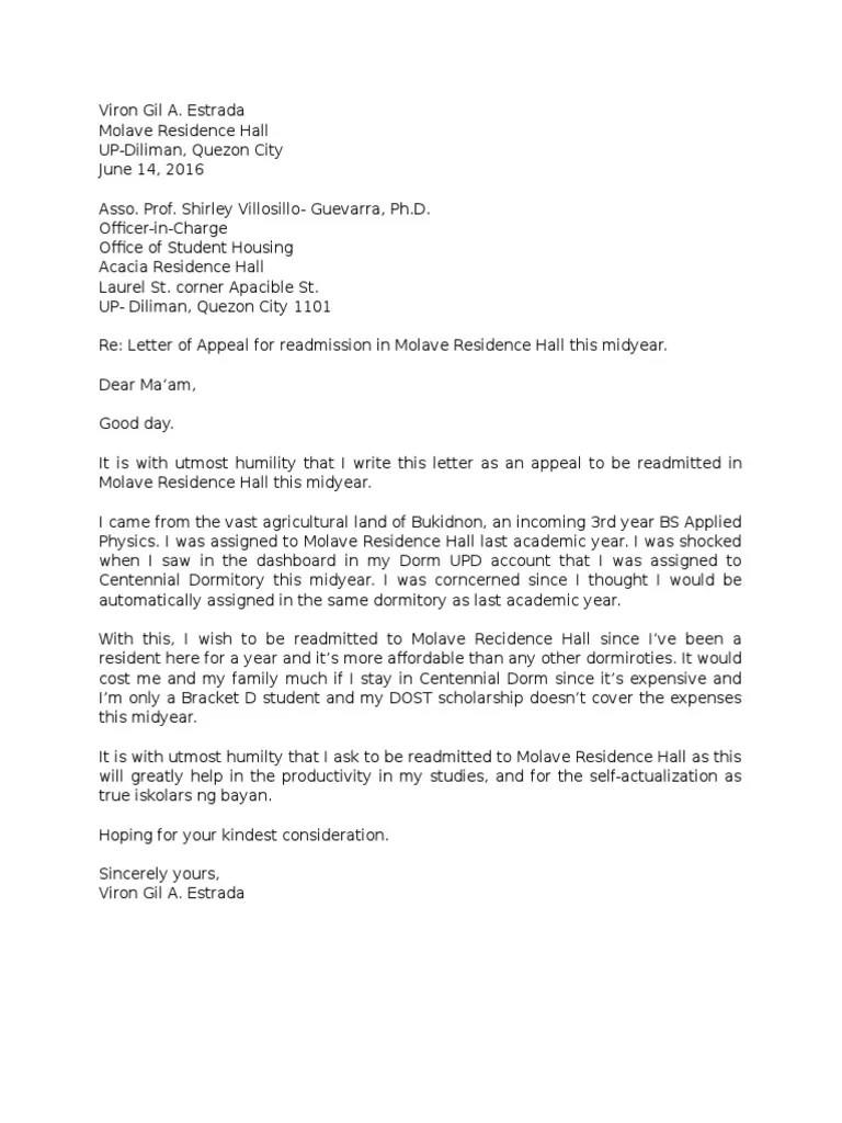 Letter of Appeal DORM PDF Dormitory Houses