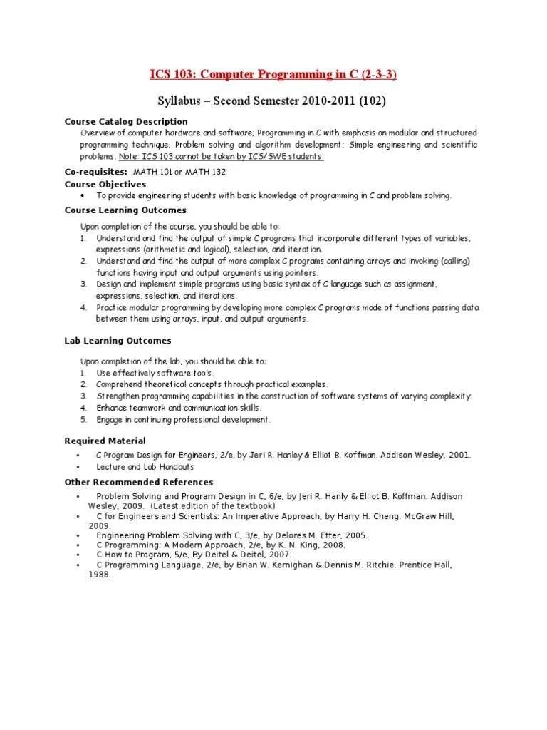 Ics 103 Syllabus C (Programming Language) Academic