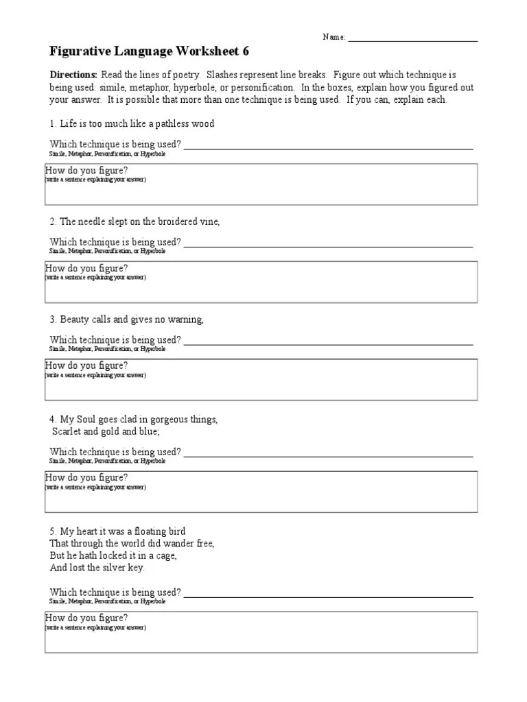 figurativelanguageworksheet06.rtf Literary Techniques Metaphor