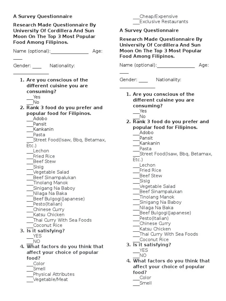 A Survey Questionnaire of Filipino Food PDF